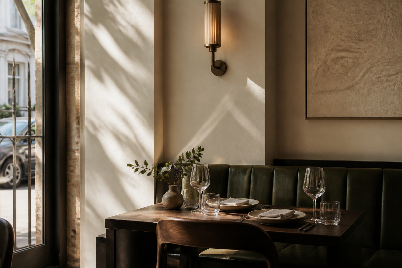A warmly lit table inside Ember and Olive